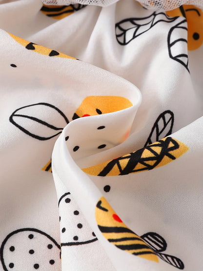 Single-Piece Baby Girl Casual Dress for Spring and Summer, Cute Style, Milk Silk, Fun Cartoon Bee Digital Print Pattern, Mesh Baby Girl Dress