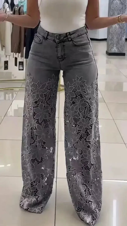 High Waist Wide Leg Jeans Pants Summer Fashionable Lace Splicing Hollow Out Denim Draping Jeans Ladies Cotton Zipper Spring