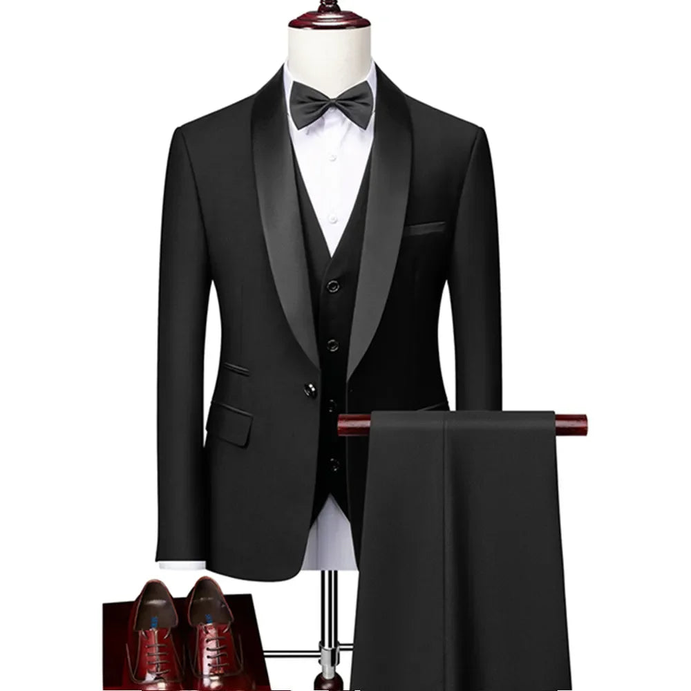 US Size Men Lapel Black Collar 3 Pcs Suit Set Coat Vest Trousers / Business Groom Wedding Dress Fprmal Blazer Pants Waistcoat