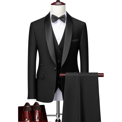 US Size Men Lapel Black Collar 3 Pcs Suit Set Coat Vest Trousers / Business Groom Wedding Dress Fprmal Blazer Pants Waistcoat