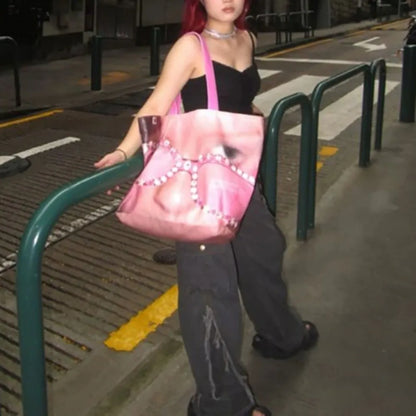 Rhinestone Glasses DuPont Paper Shopping Bag Large Capacity Creative Streetwear Print Tote Bag Handbag Pink Y2K Shoulder Bag