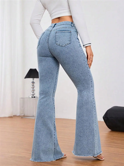Tall Women's Micro Flare Frayed Edge Jeans, Fashionable Simple Style, Casual Loose-Fitting Solid Pattern, All Seasons Wear