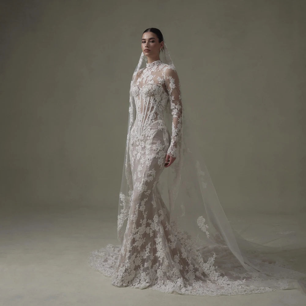 Ivory Lace Mermaid Wedding Dresses for Bride Removable High Neck Long Sleeve Backless Garden Beach Bridal Gown Customized