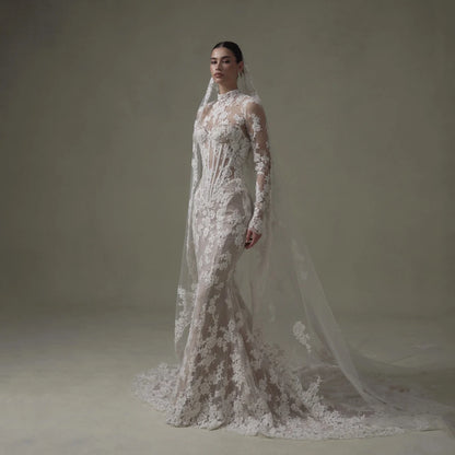 Ivory Lace Mermaid Wedding Dresses for Bride Removable High Neck Long Sleeve Backless Garden Beach Bridal Gown Customized