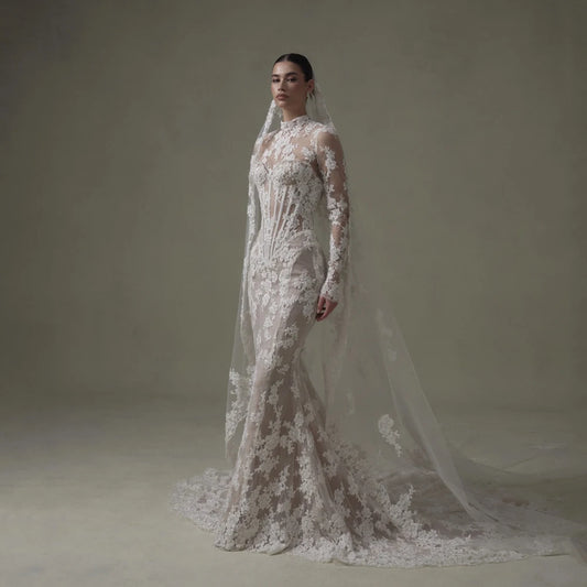 Ivory Lace Mermaid Wedding Dresses for Bride Removable High Neck Long Sleeve Backless Garden Beach Bridal Gown Customized