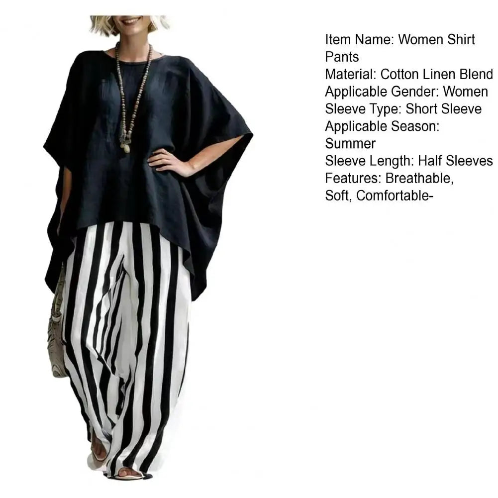 Women T-shirt Pants Two Piece Set Summer O-Neck Short Batwing Sleeves Shirt Striped Trousers Loose Casual Top Pants Suit Casual