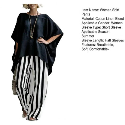 Women T-shirt Pants Two Piece Set Summer O-Neck Short Batwing Sleeves Shirt Striped Trousers Loose Casual Top Pants Suit Casual