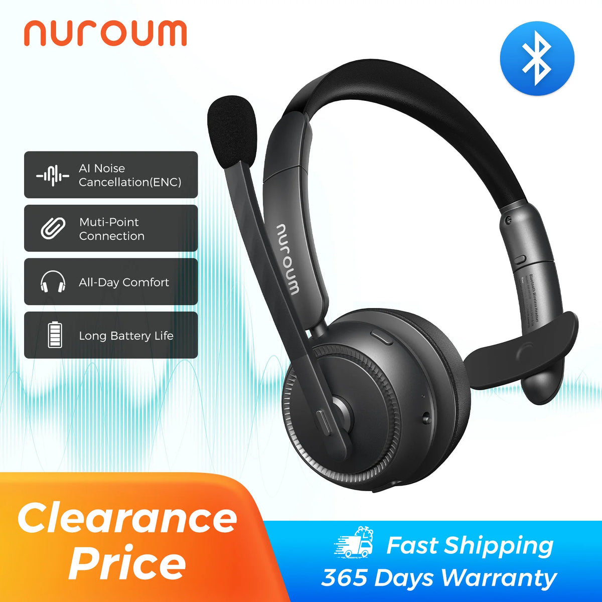 Nuroum Dark Grey Bluetooth 5.3 Over‑Ear Wireless Headset ENC Noise Cancelling Microphone Independent Mute Button Multi‑Point Connection Business Headphones for Work From Home Office PC Laptop Zoom Microsoft Teams Conferen