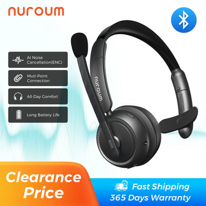 Nuroum Dark Grey Bluetooth 5.3 Over‑Ear Wireless Headset ENC Noise Cancelling Microphone Independent Mute Button Multi‑Point Connection Business Headphones for Work From Home Office PC Laptop Zoom Microsoft Teams Conferen