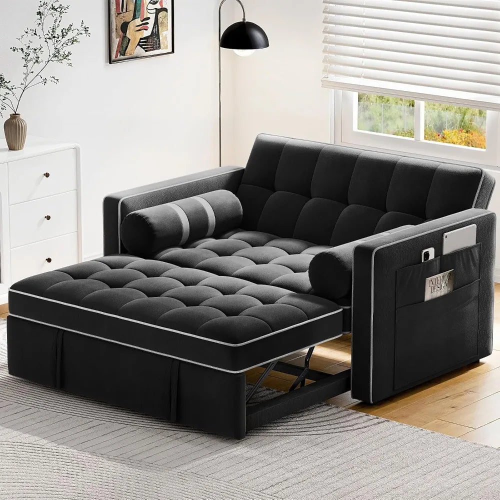 3-in-1 Sleeper Sofa Bed w/ USB & Type-C, Side Pockets, Velvet, Adjustable Backrest, Deep Seat, for Apt/Living Room/Office