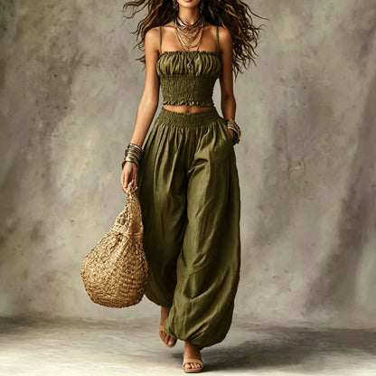 Fashion 2 Piece Sets Women Clothes Summer Casual Spaghetti Strap Top and Lantern Pants Suit Matching Two Piece Set Outfits