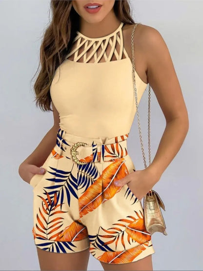 Summer Women's Fashion Hollow Round-neck Suspender Top Printed Shorts Set Simple Sleeveless Top Commuting Shorts Two-piece Sets