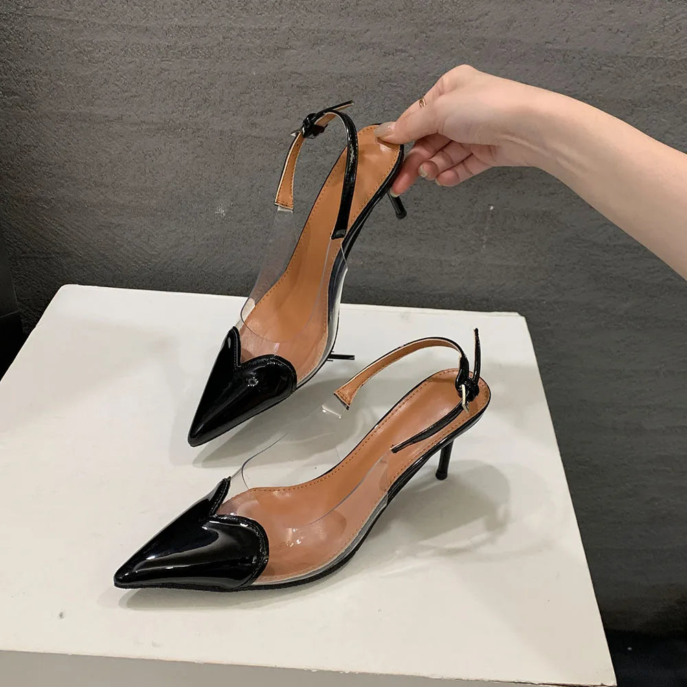 Heart Shaped Women Pumps Elegant Pointed toe Transparent PVC Slingbacks Stiletto High heels Party Shoes