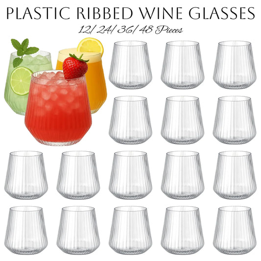 12-48pcs 14oz Plastic Ribbed Wine Glasses Disposable Stemless Wine Glasses Plastic Cocktail Glasses for Party