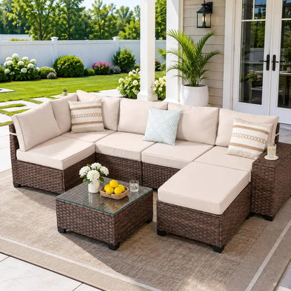 7-Piece All-Weather Wicker Outdoor Sectional Sofa with Coffee Table for Porch, Custom