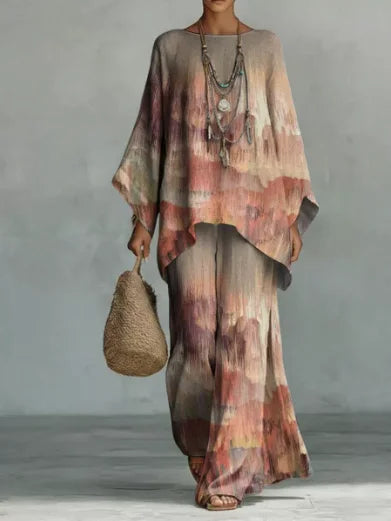 Boho Two Piece Set Summer Women's Loose Patchwork Wide Leg Pants Set Fashion O Neck Pullover Top 2-piece Set Outfit Streetwear