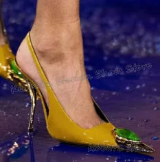 Crystal Metal Decor Pumps Genuine Leather Slip-On Mixed Color Fashion Elegant Concise Sexy Luxury Women Shoes Thin Heels Pointy