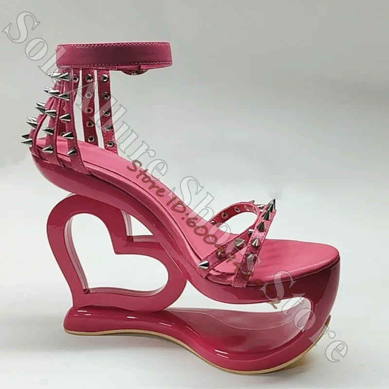 Hot Pink Spike Stud Caged Heart Cutout Wedge Sandals Gloss Patent Ankle Buckle Hollow Sculptural Platform Heels Y2K Trend Sandal