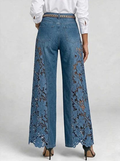 Women High Waist Lace Spliced Wide Leg Denim Jeans Loose Flowy Casual Daily Trousers