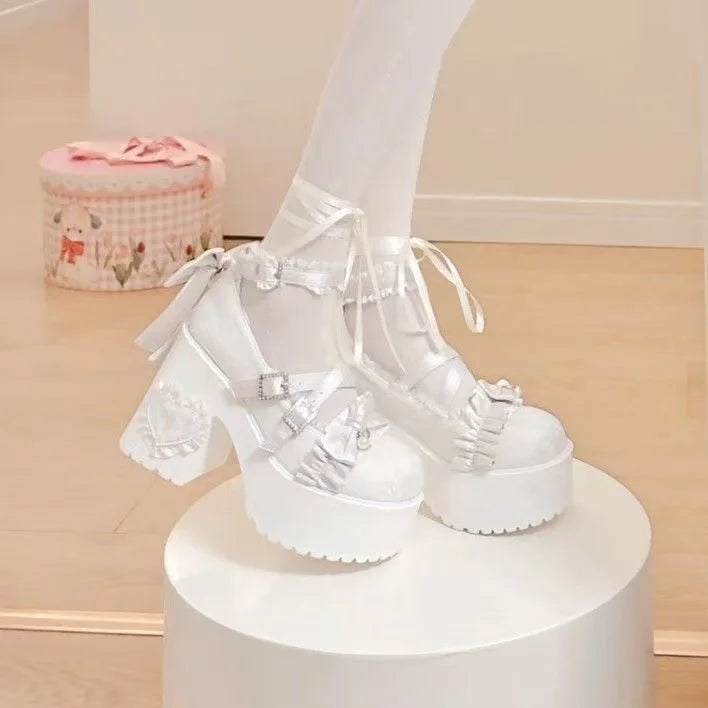 Lovely Girls Pink Lolita Butterfly Knot High Heels Platform Shoes for Women Cute Sakura Dress Mary Janes Beige Size 34-42