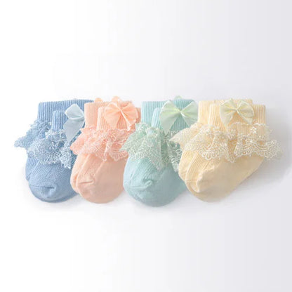 Lawadka 4Pairs/lot Newborn Baby Socks For Girls Cotton Lace Infant Girls Sock Princess Bow Toddler Baby Girls Socks Spring 0-24M