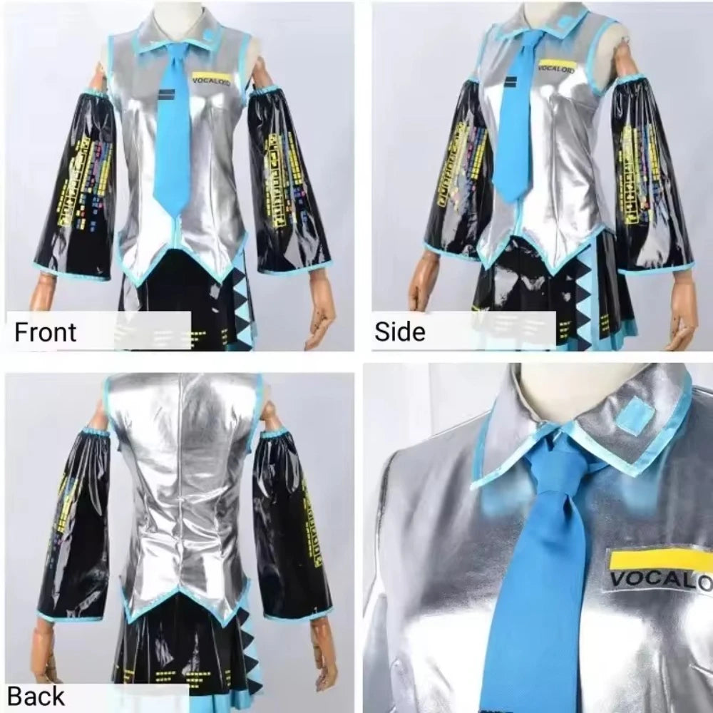 Miku Cosplay Silver Leather Fabric Suit Miku Cosplay Costume JK Sailor Dress High School Halloween Uniform Wig