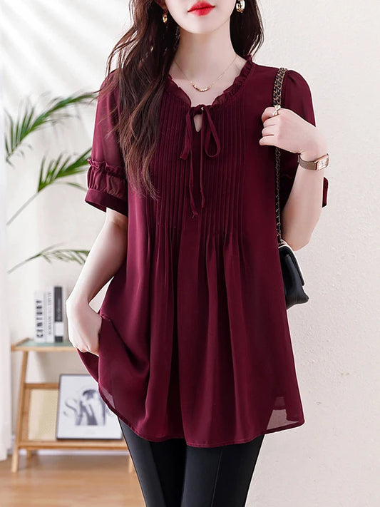 Wine Red Color Women's Short Sleeve Chiffon Shirt Loose Casual Style Summer New Arrival Mid-Length Top for plus Size Ladies