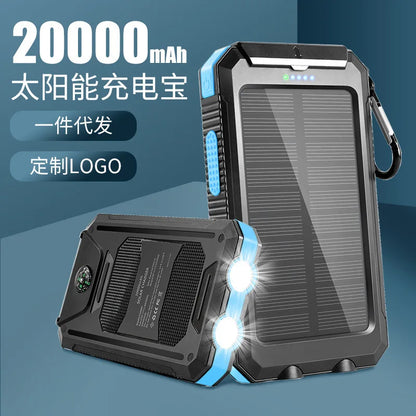 Rugged Solar Power Bank – Waterproof Outdoor Portable Charger with Dual LED Flashlights & Compass, High-Capacity External Battery Pack for Camping, Hiking, and Emergencies