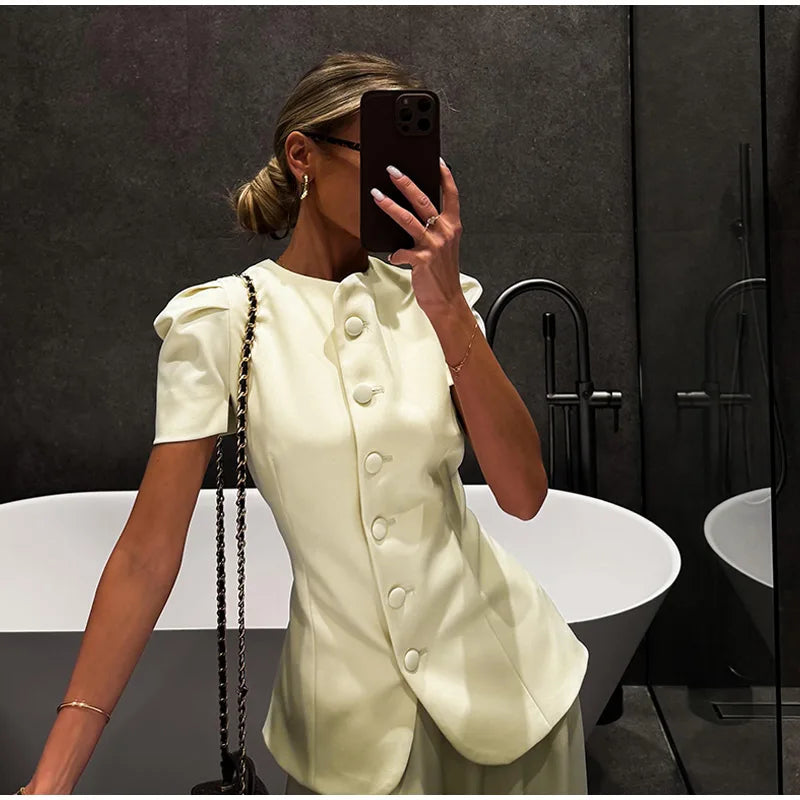 Elegant Short Sleeve Top Pants Set Women's Solid Single-breasted O Neck Waist-cinching Tops Loose Lantern Trousers 2026 Outfits