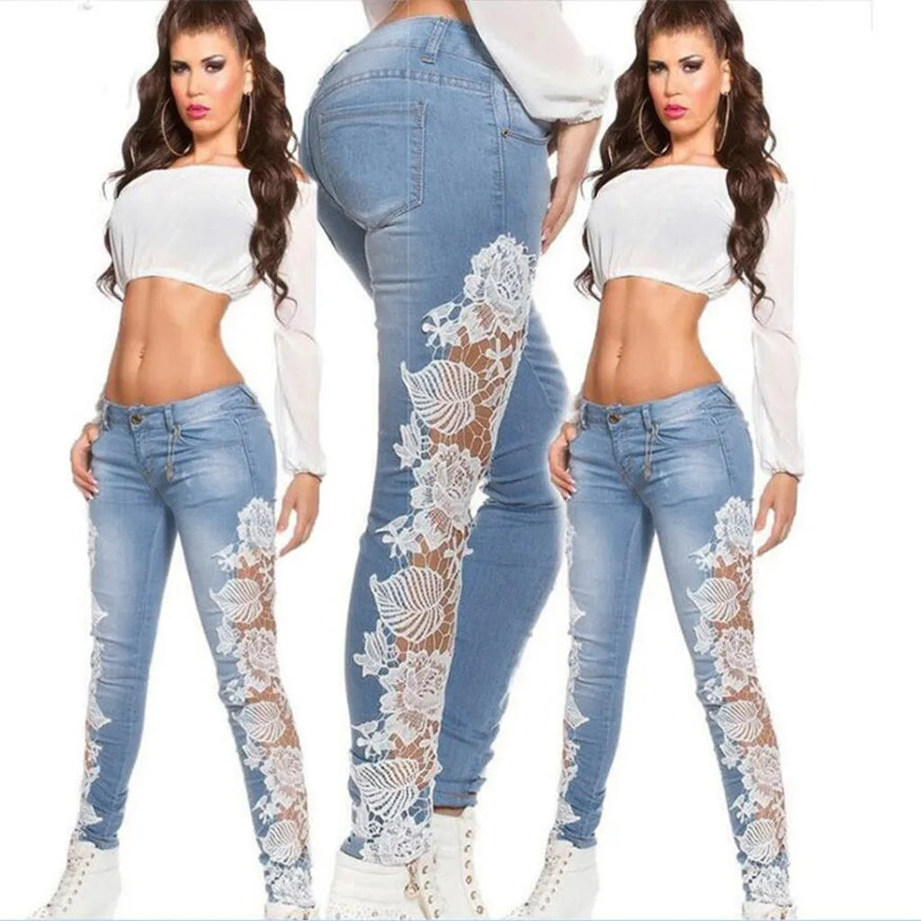 Pencil Denim Hollow Out Women Jeans Fashion Floral Appliques Lace Patchwork Pants High Waisted Slim Fit Sexy Denim Trousers