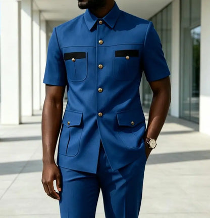 Luxury Men Suit Short Sleeves Safari Suit 2 Pieces Black Contrast Pockets Gold Button Business Wedding Party Casual Blazer Pants