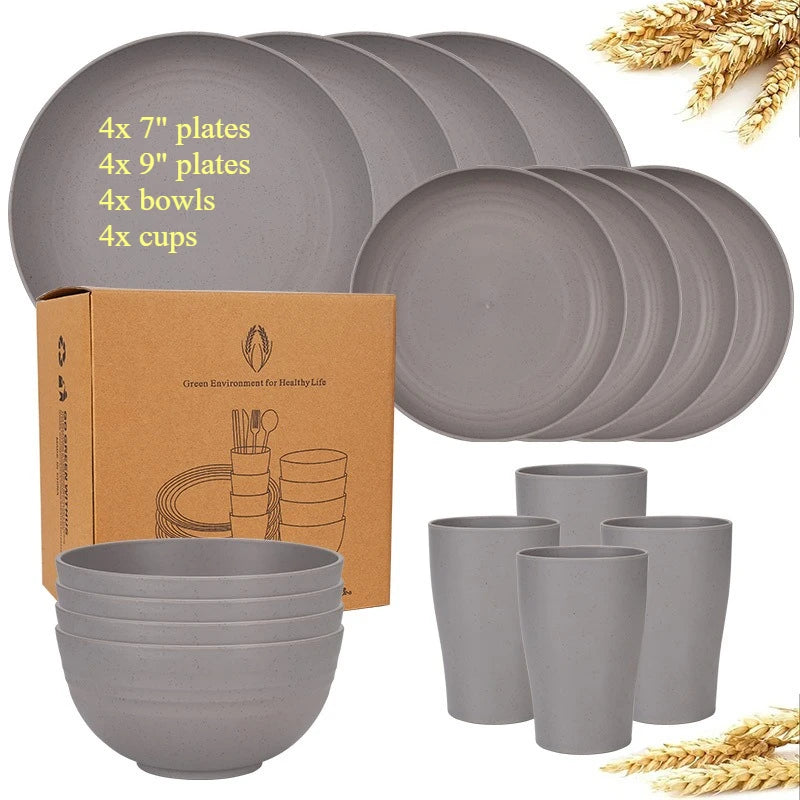 Natural Wheat Straw Tableware Set Dinnerware Sets Biodegradable Unbreakable Plates, Bowls, Cups Lightweight for Kitchen Camping