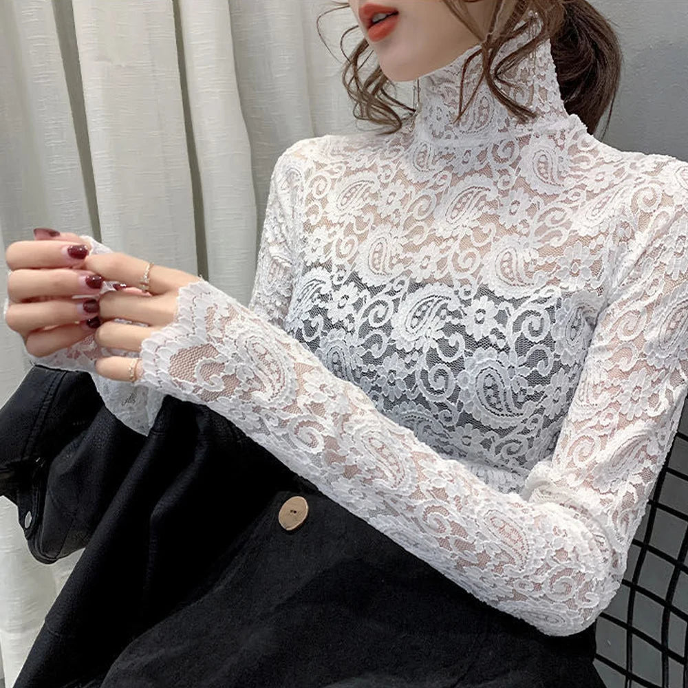 Blouse Women Transparent Lace T Shirt Stretch Turtleneck Petal Sleeve Girl Blusas Mujer De Moda Black White Apricot Shirt Tops