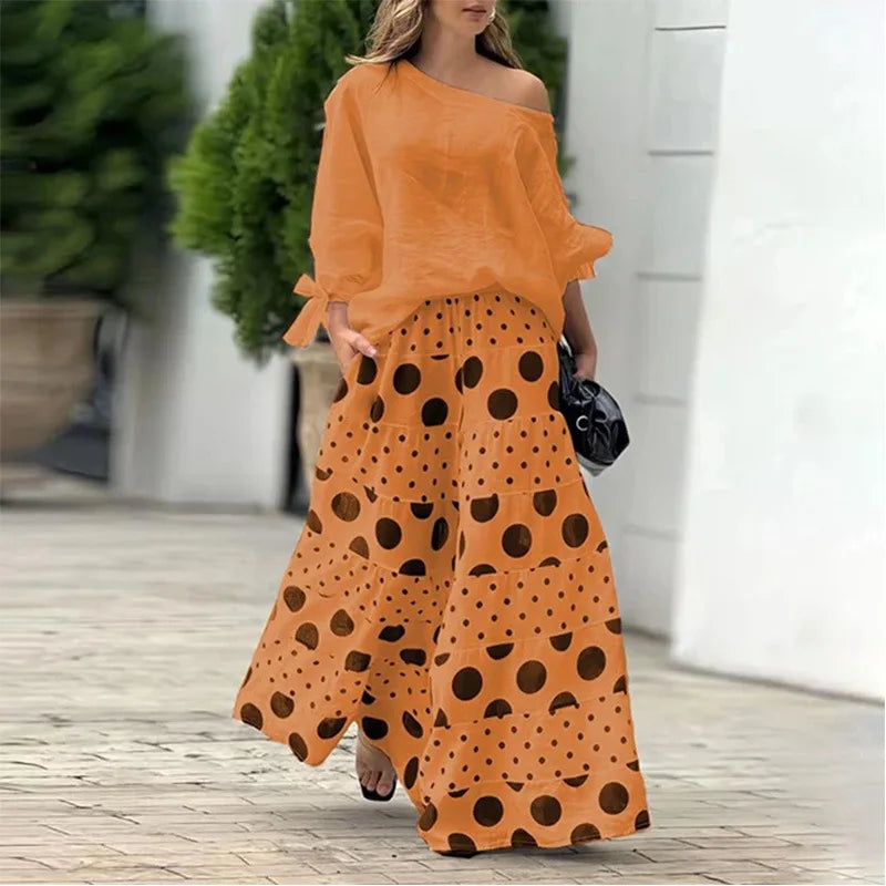 Spring Summer Elegant Fashion Print Women's Set Two-piece Casual One-Neck Off-Shoulder Long-Sleeve Solid Top Loose Culottes Suit