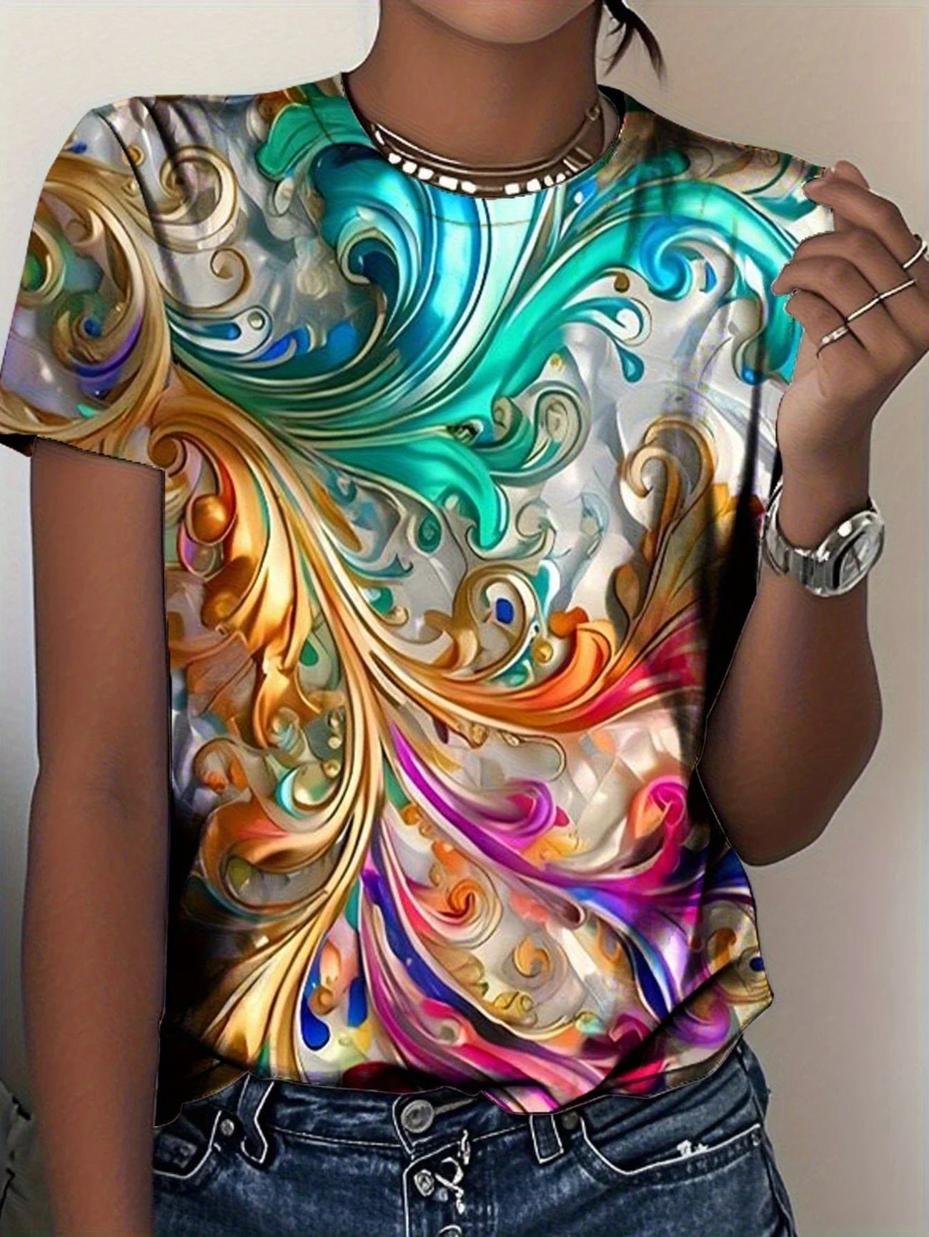 LUXURIOUS GLITTERY FEATHER PRINT IN GOLD, PINK & TEAL HUES—OPULENT, EYE-CATCHING STYLE. PAIR WITH JEANS FOR A STUNNING, GLAMOROU