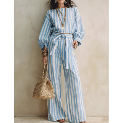 Women New Striped Long-sleeved Shirts Trousers 2piece Set Fashion Casual Ultra-short Top Waisted Lace-up Loose Wide-leg Long Set