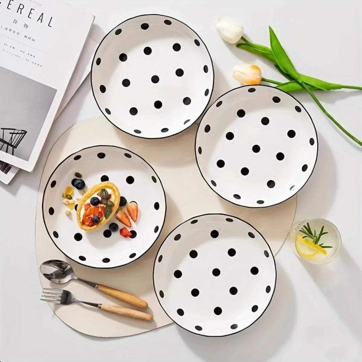 4Pcs Black Polka Dot Ceramic Plates Set,  Microwave Dishwasher Safe for Salad, Pasta, Dessert, Home Kitchen Tableware