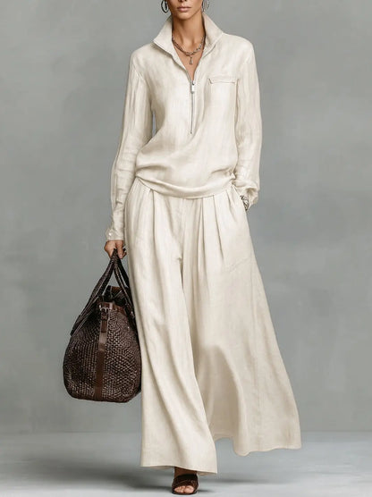 Elegant Solid Loose Two Piece Set Fashion Lapel Zipper Pullover & Wide-leg Pant Suit Women Casual Long Sleeve Outfits