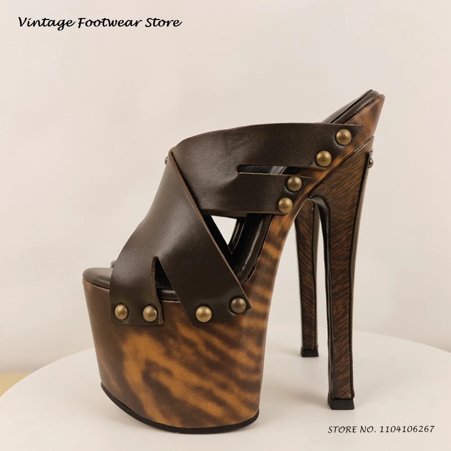 Studded Leather Platform Mules Round Open Toe Wooden Effect Thin High Heels Shoes Women's Summer Punk Style Fashion Slippers