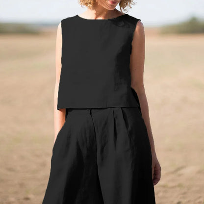 Summer Cotton And Linen Casual Outfits Female Fashion Solid Color Two-piece Set For Women Sleeveless Top Trousers Women's Suit