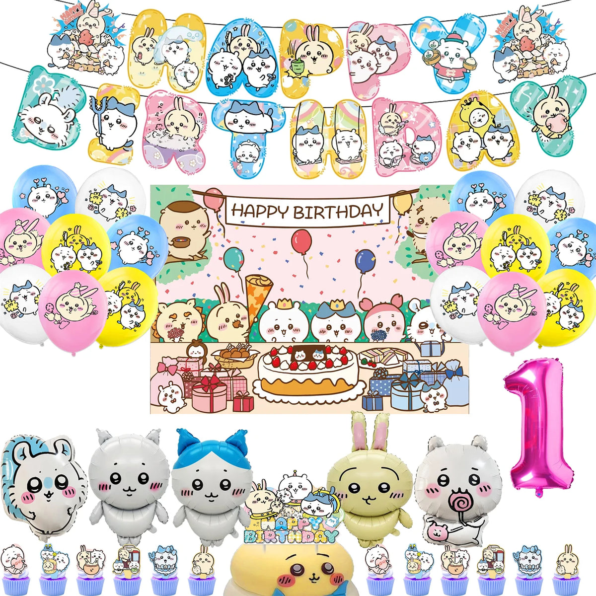 kawaii Chiikawa Birthday Party Disposable tableware Banner Cake Topper Hanging Flag Latex Foil Balloons Birthday Decorations Toy