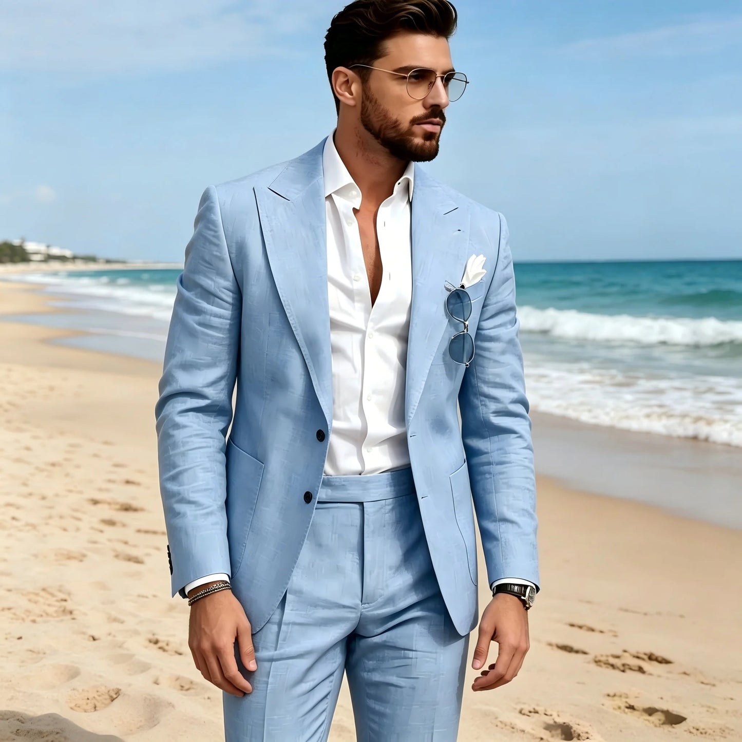 2 Pieces Beige Linen Men Suits Peaked Lapel Slim Fit Blazer Pants High Quality Elegant Summer Wedding Prom Suits Men Clothes