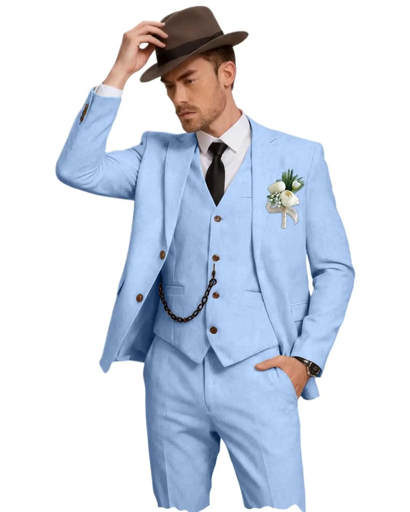Men's 3 Piece Linen Suit, Slim Fit Notch Lapel Single Breasted Blazer Vest Pants Set Breathable Casual Business Wedding Suit