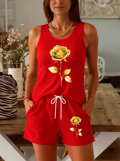 New Summer Women's Floral Print Tank Top Set Street-Style Versatile Fashion Tank Top and Shorts Two-Piece Set Sports T-Shirt Set