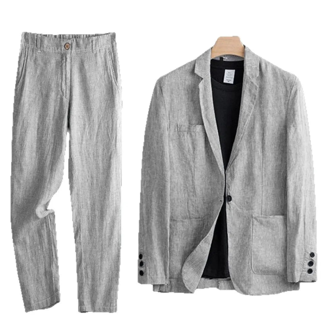 Cotton Linen Men's 2‑Piece Suit Lightweight Slim Fit Breathable Casual Suit Set for Office Wedding Sun Protection