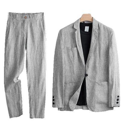 Cotton Linen Men's 2‑Piece Suit Lightweight Slim Fit Breathable Casual Suit Set for Office Wedding Sun Protection