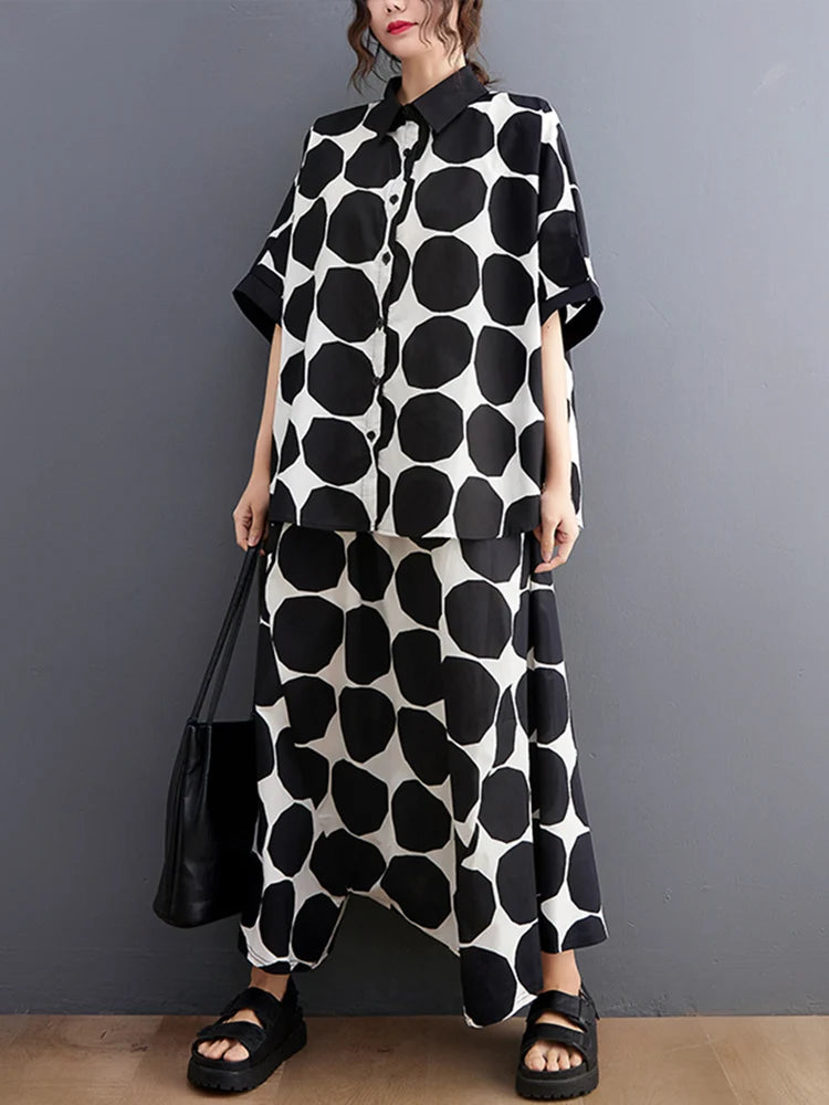 Polka Dot Print Summer Casual 2 Two Piece Set Short Sleeve Loose Blouse Women Shirt Top Fashion Clothing Harem Pants Suit 2026