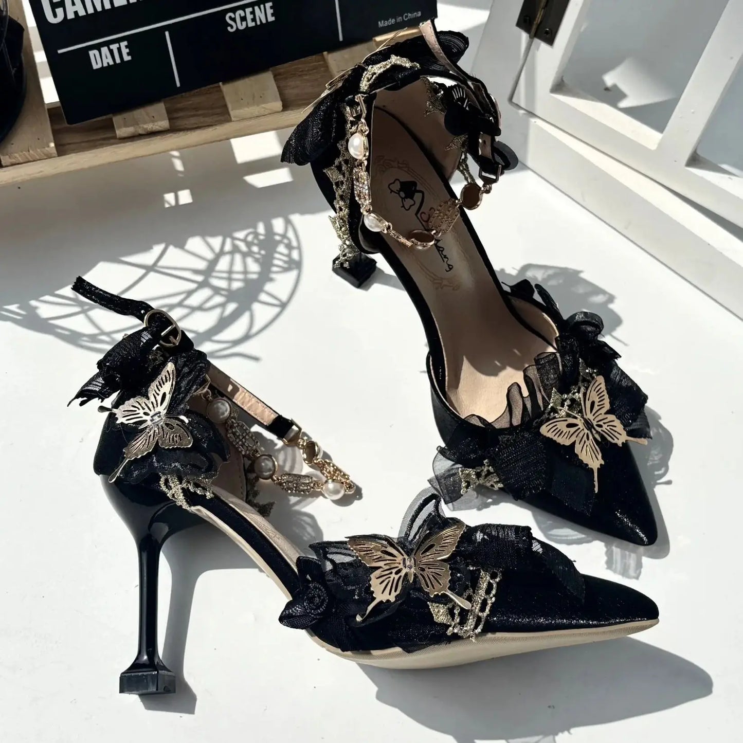 Ladies Gothic Lolita High Heels Handmade Black&Gold Pointed Toe Slip-On with Lace 5-8cm Stiletto Heel cute shoes  wedding shoes