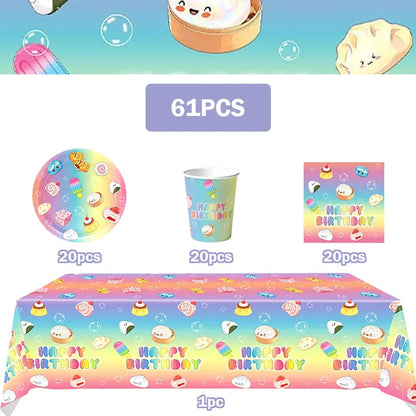Squishy Bao Bun Themed Birthday Party Decorations Set Tableware Paper Plates Cups Cute Squishy Gift Bags Balloon Banner Supplies
