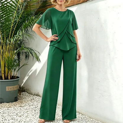 Women's Casual Pants Set Chiffon Breathable Solid Color Round Neck Short Sleeve Loose Irregular Top + Wide-leg Pants 2-piece Set